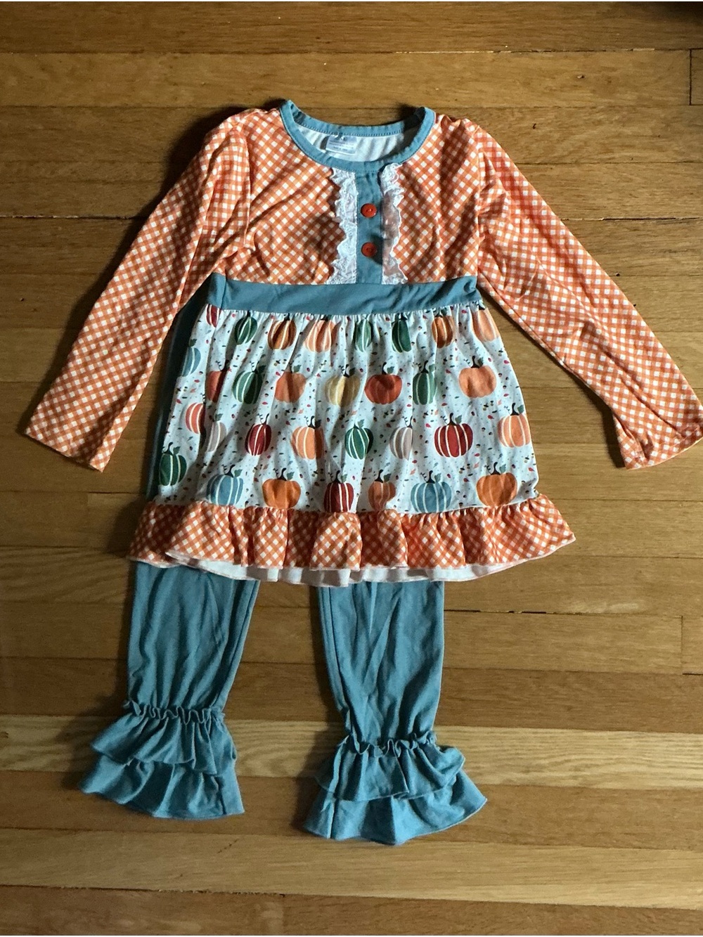 Source Unknown Orange Gingham Pumpkin Tunic with Blue Ruffle Leggings
